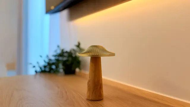 Wooden mushroom lamp on a softly lit shelf, at Icon Studio, București