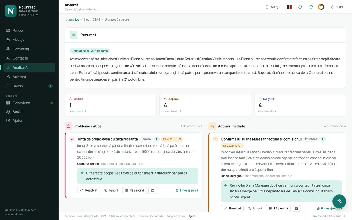 An AI analysis of the last 24 hours: summary, critical issues and immediate actions, each with its source messages